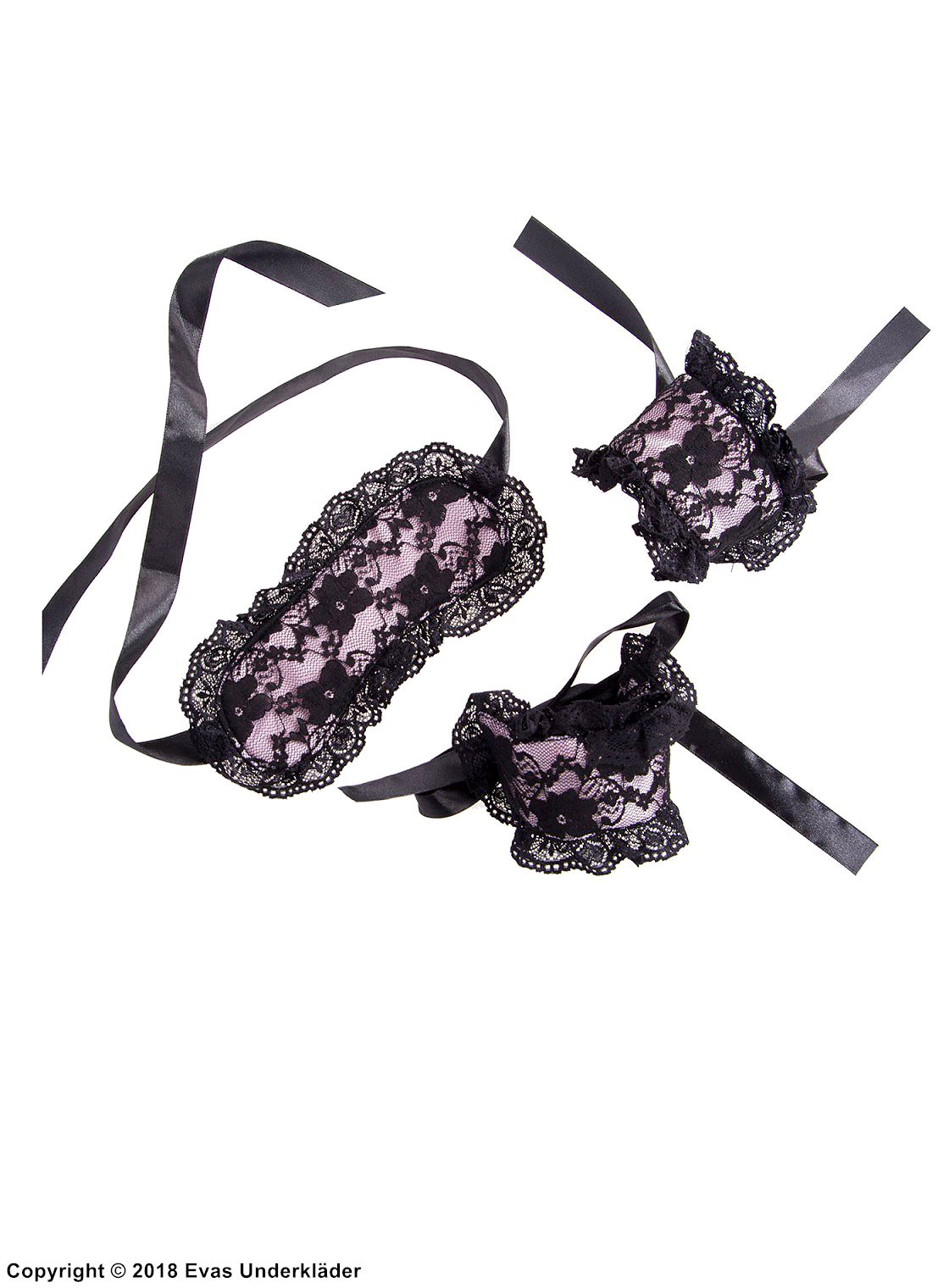 Playful lingerie set, lace ruffles, satin bow, flowers